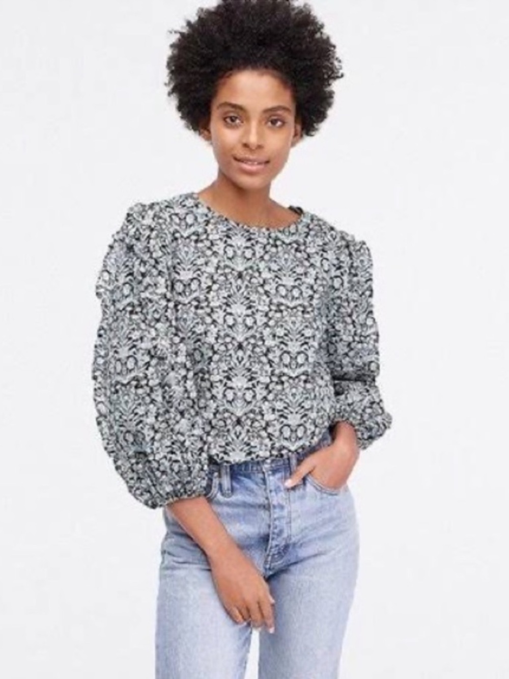 J. Crew Liberty Fabric Sambourne Floral Ruffle Puff Sleeve Blouse Cotton Blue